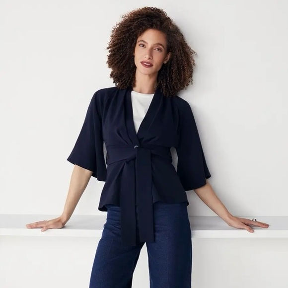 The Fold Jackets & Blazers - The Fold London Clever Crepe Kimono Jacket Short Sleeve Tie Waist Navy Sz 8